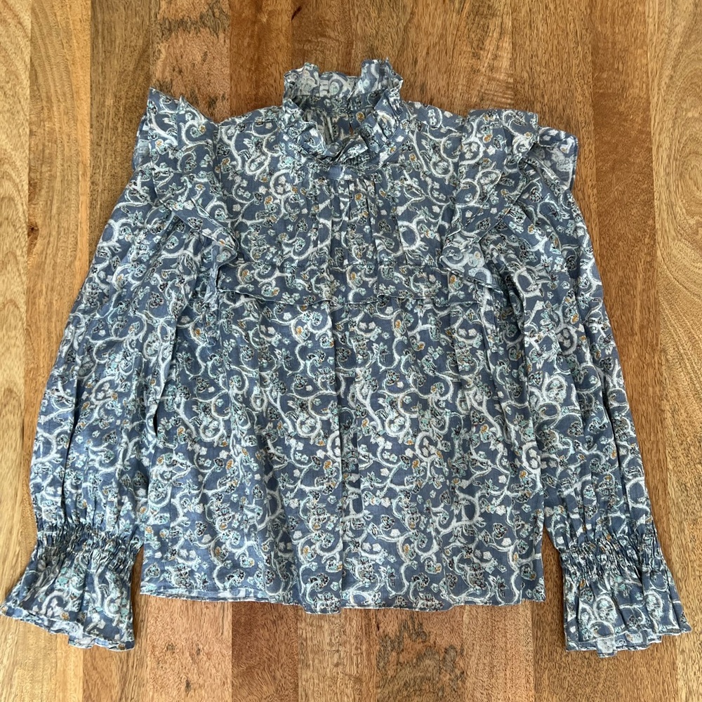 Isabel Marant Ted Printed Linen Blouse with Ruffled Sleeves FR34